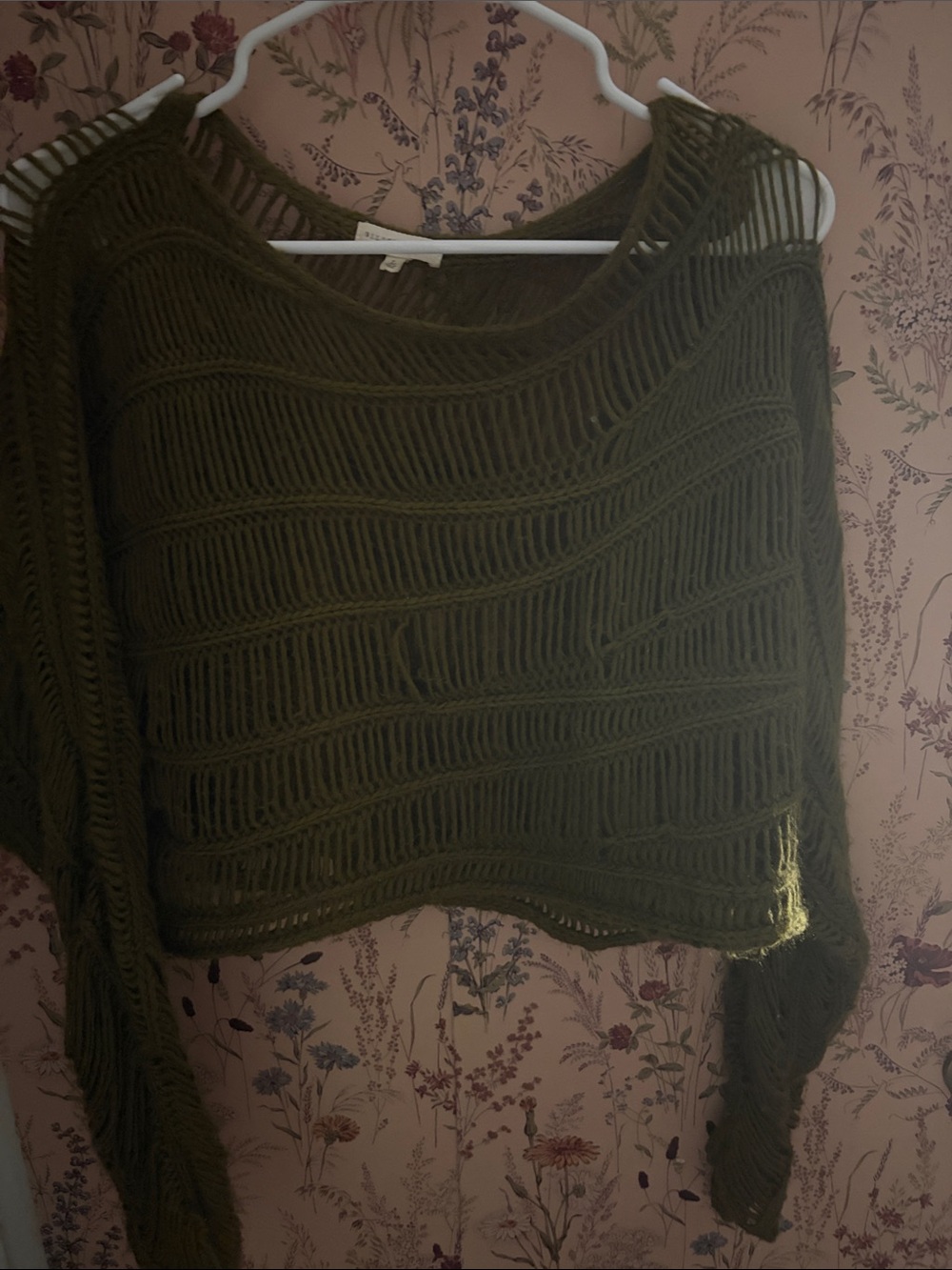Gilded Intent Olive Open-Weave Cropped Crew Sweater